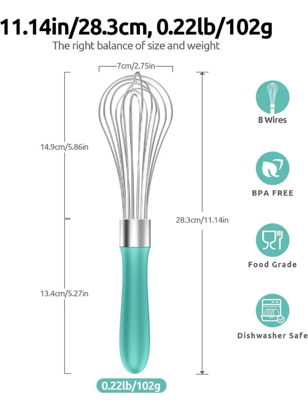 Heavy Duty Stainless Steel Balloon Whisk - 8 Wire Egg Beater for Baking